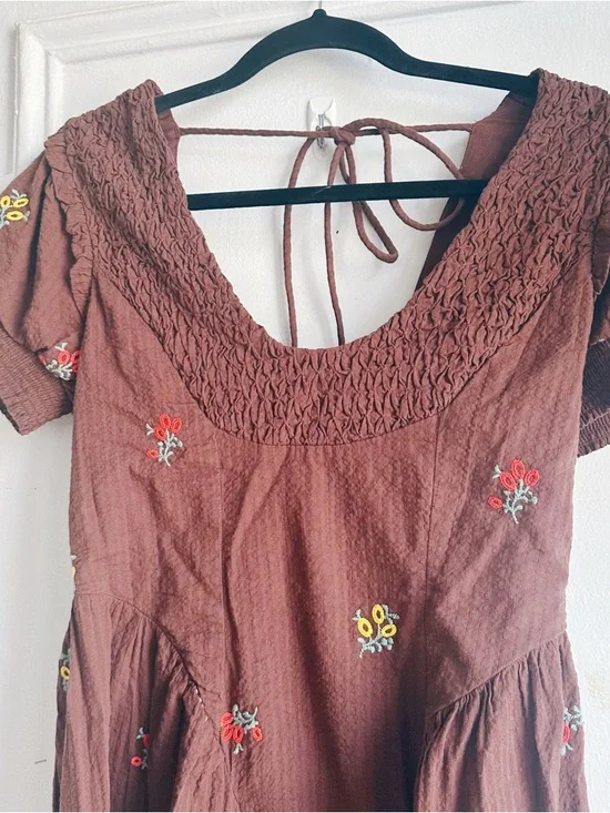 Free People Maisie Midi Brown Floral Embroidered Dress Small Boho Cottage Core - Picture 7 of 11